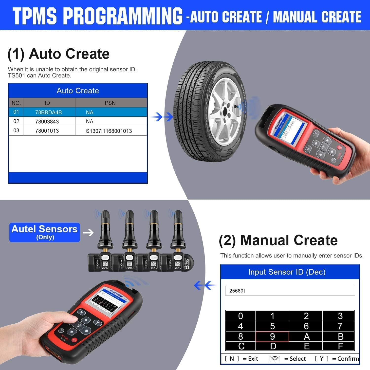 Autel MaxiTPMS TS501 TPMS Relearn Tool Automotive Scan Tool, 2022 Upgraded Ver. of TS401/ TS408, Activate & Relearn All Brands TPMS Sensors, Program MX-Sensors [315/433MHz], Read/Clear TPMS DTCs