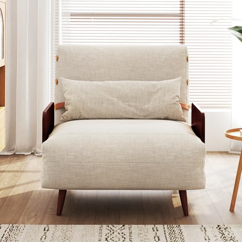 3-in-1 Convertible Chair Bed Sleeper for Adults, Linen Convertable Sleeper Chair with Wooden Arms & Pillows, Foldable Single Futon Sofa Bed (Mid Century with Walnut Arm, 36.6" Wide)