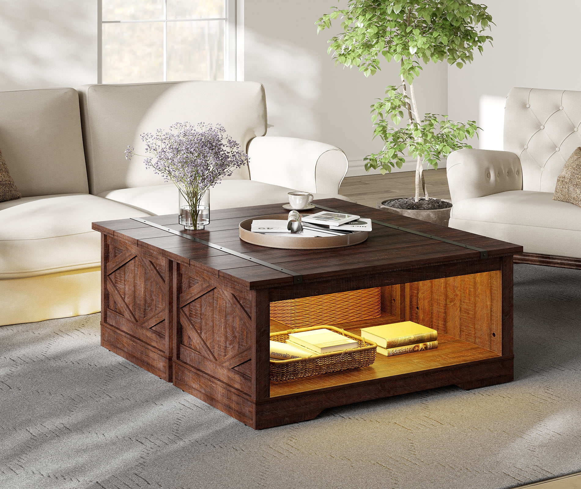 WAMPAT LED Light Modern Farmhouse 2 in 1 Coffee Table, Rectangle Wood Center Table with Open Storage for Living Room, Spliced Wood Desktop, Riveted Metal Bars, Yellow Light,Rustic Brown