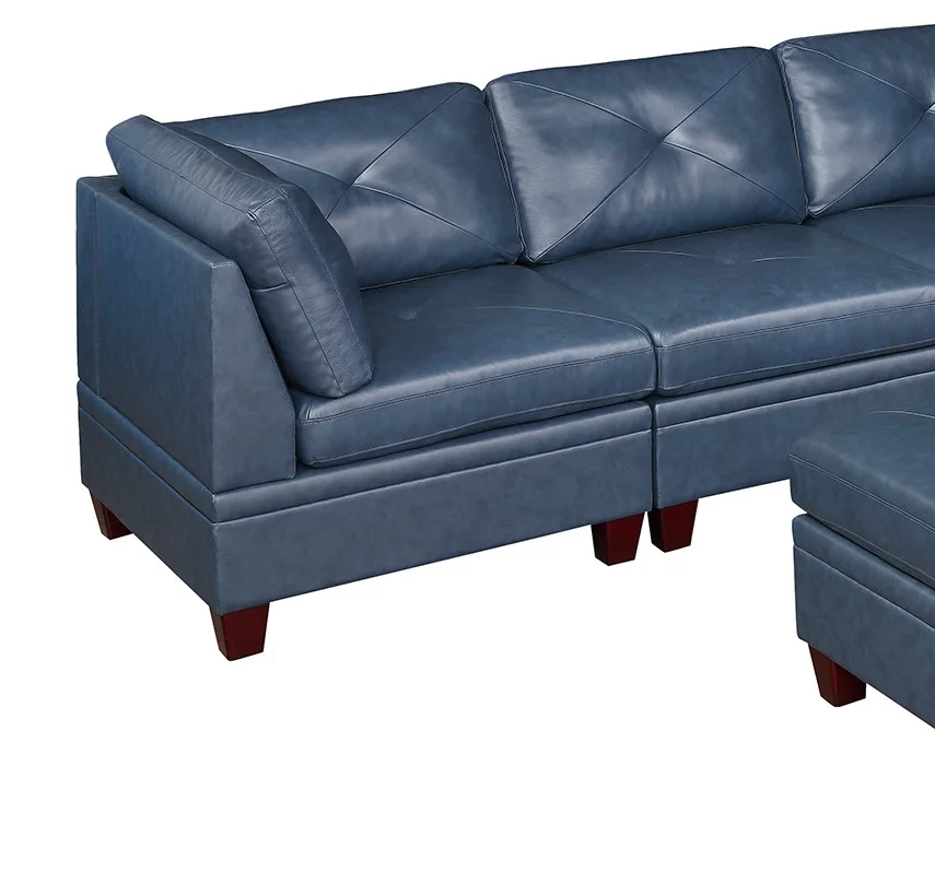 Ink Blue Top Grain Leather 7pc L-Sectional Sofa Contemporary Living Room Furniture Wedge Ottoman Armless Chair Cushion Couch