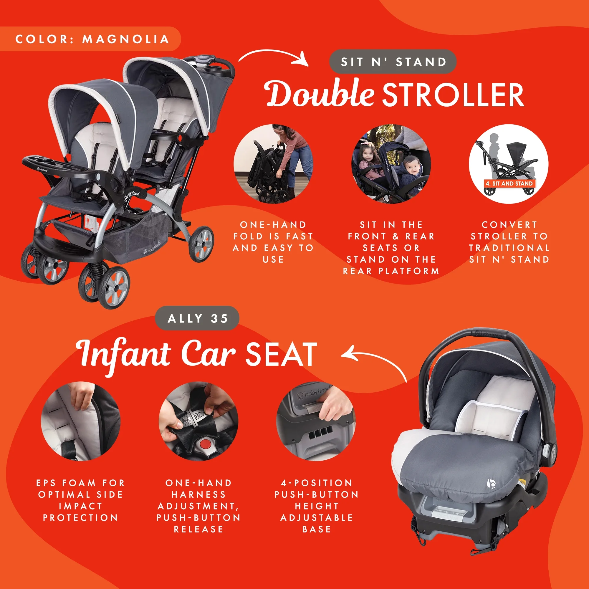 Baby Trend Sit N Stand Travel Double Stroller w/ Single Car Seat, Magnolia