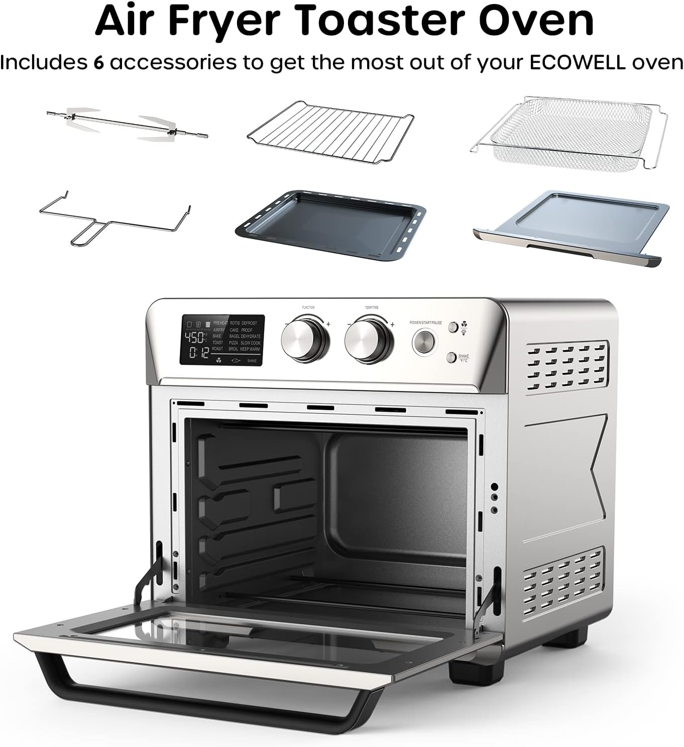 ECOWELL Air Fryer Toaster Oven Combo, 15-in-1 Airfryer Toaster Ovens Countertop, 26.4 QT Stainless Steel Air Fryers Convection Oven, for 360° Even & Healthy Cooking, Model: ECOKX01, Silver