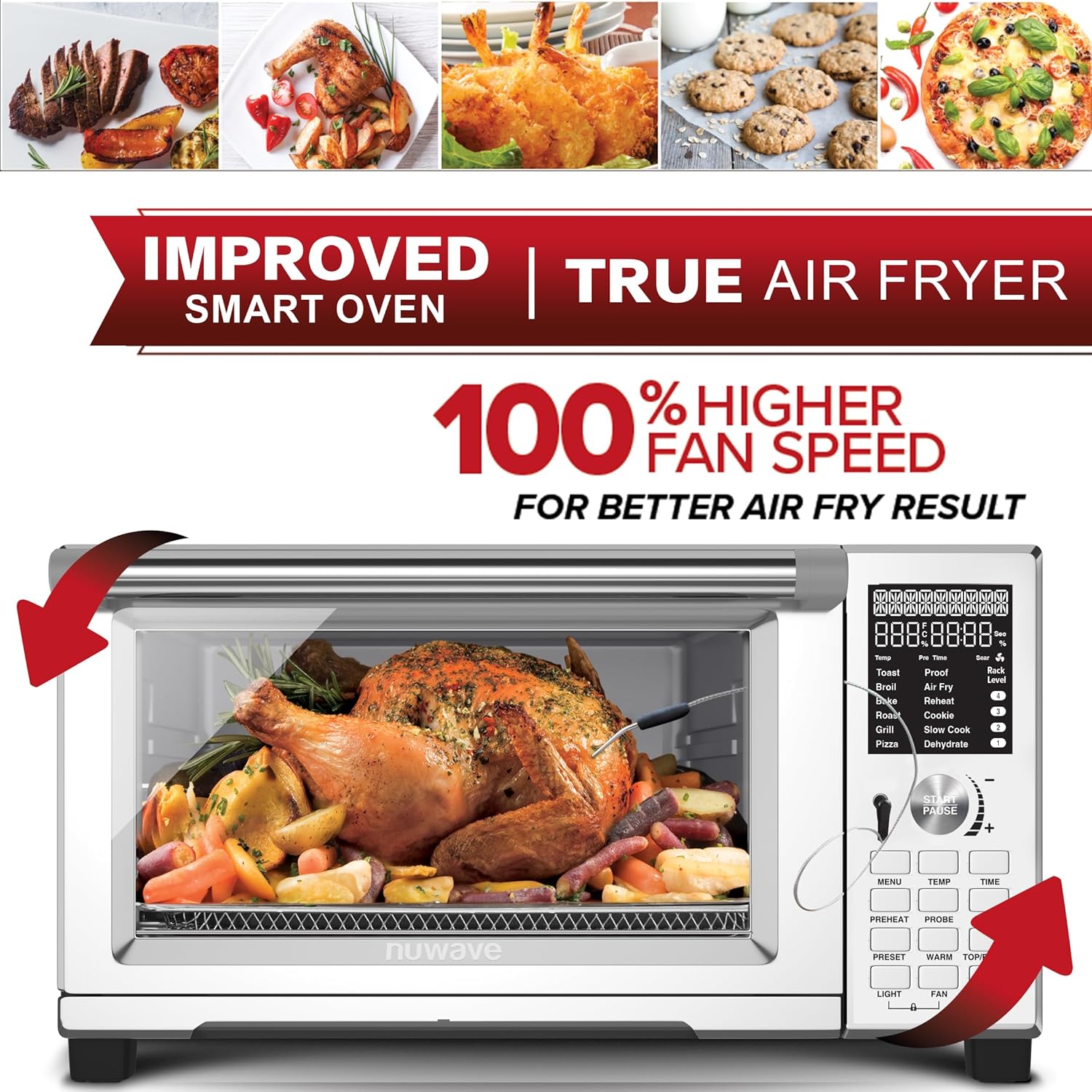 Nuwave Bravo XL Pro Smart Oven with Grill, Quicker & Crispier Results, Improved 100% Super Convection, Multi-Layer Even Cooking, 112 Foolproof Presets, 50-500F, Smart Probe, Stainless Steel, 30QT
