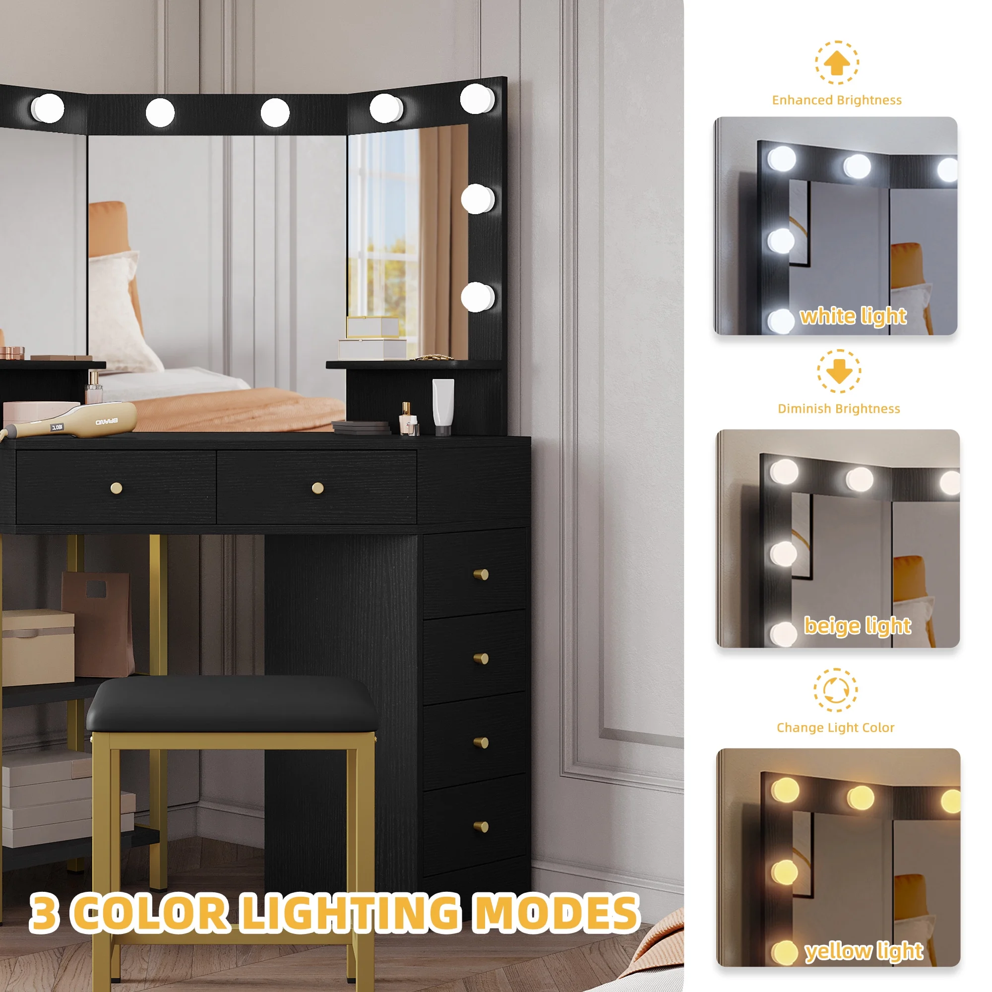 DWVO Corner Vanity Desk With Lights & Mirror, Makeup Vanity with Shelf & 6 Drawers, Vanity Dressing Table for Makeup,Modern Desk Vanity for Bedroom, Black