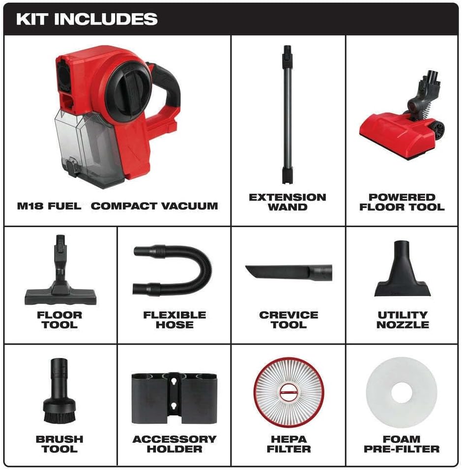 Canister/Cylinder for Milwaukee 0940-20 M18 Fuel Cordless Lithium-Ion Brushless Compact Vacuum - Bare Tool, Red
