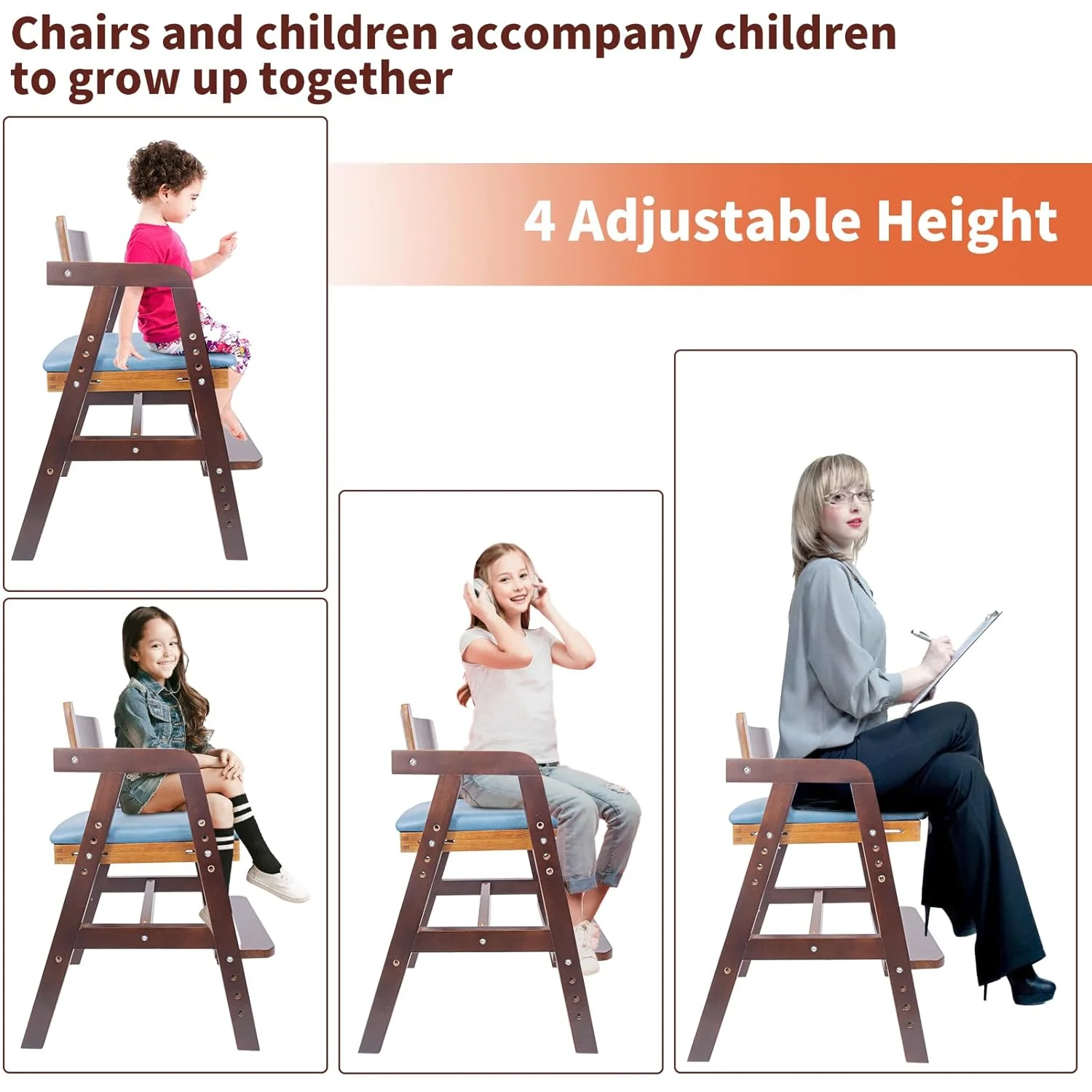 Wooden High Chair for Toddlers, Adjustable Toddler High Chair, 8 Levels Adjustable High Chair for Toddlers, Wooden Highchair with High Rebound Waterproof Cushion for Dining, Studying, Step Tool