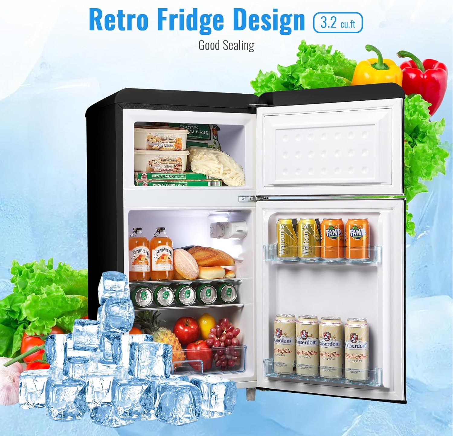 WANAI Compact Refrigerator, Retro Mini fridge with Freezer for Bedroom, Drom, Apartment, Garage, Office, 2 doors Small Refrigerator with Adjustable Thermostat, Low Noise, 3.2 Cu.Ft (Black)