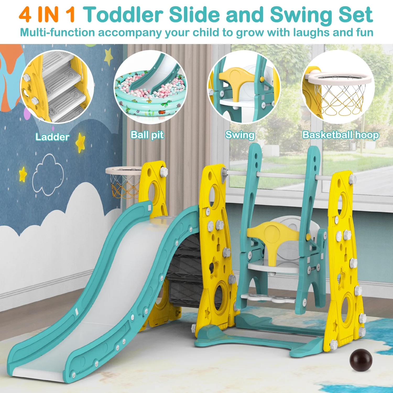 GIKPAL 6 in 1 Toddler Slide and Swing Set, Kids Large Climber Slide Playset with Basketball Hoop Playground Swing Set for Indoor Outdoor Backyard 3-10 Gifts Presents