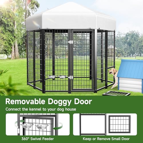 SINO LUBAN Outdoor Dog Kennel Outside Run with Doggy Door, Swivel Feeder&Roof - 8x4x6 Large Dog Kennels Pens Outside for Large Dogs Breed-Heavy Duty Cage Enclosure Yard (Can Connect to Your Dog House)