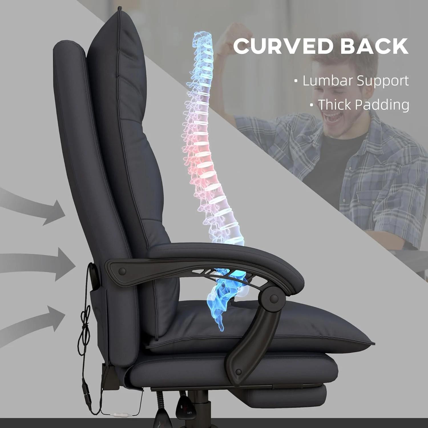 Massage Office Chair With 6 Vibration Points, Executive Computer Desk Chair, Heated Reclining Chair With Footrest, Armrest, Double Padding - Charcoal Gray