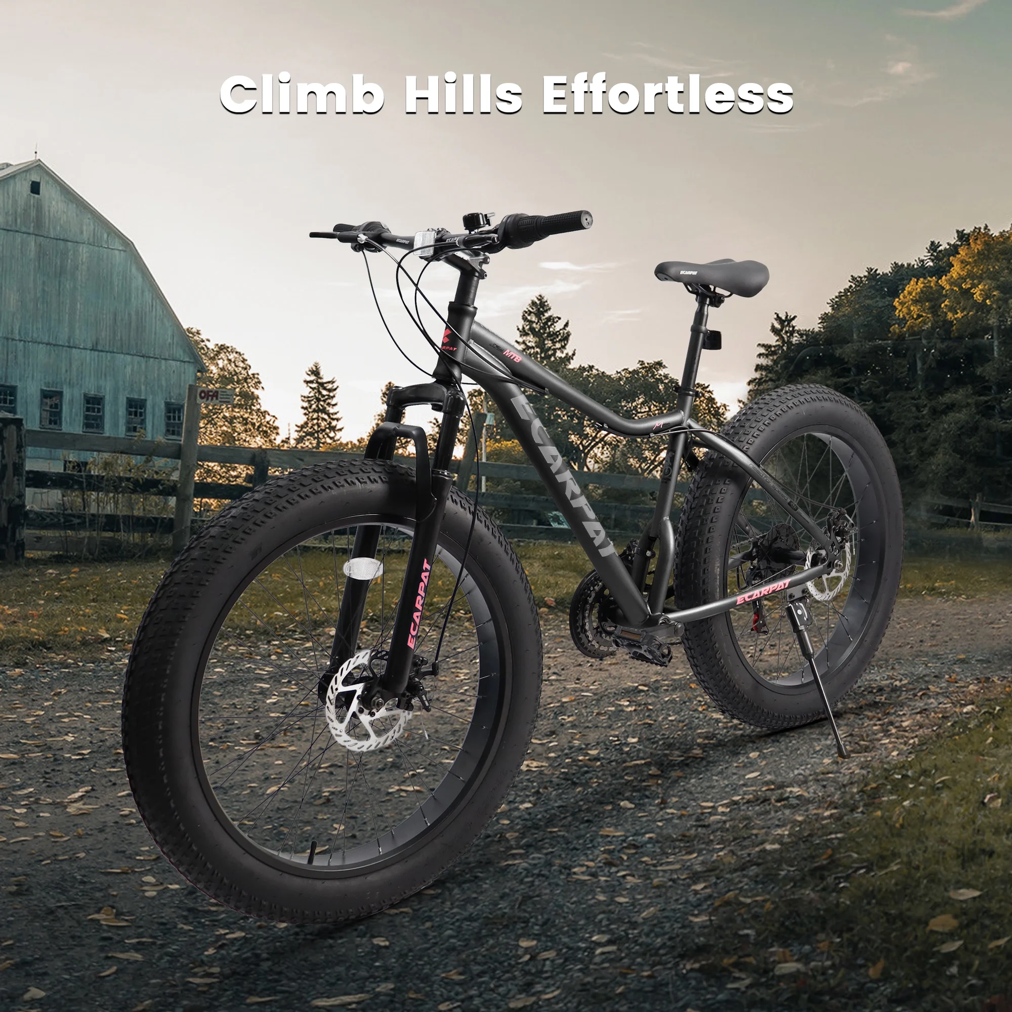 Ecarpat 26 Inch Fat Tires Mountain Bike, 4-Inch Wide Wheel, 21-Speed Disc Brakes, Mens Womens Trail Beach Snow Commuter City Mountain Bike, Carbon Steel Frame Front Fork Bicycles