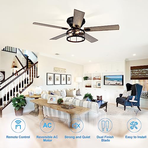 Breezary 52" Flush Mount Ceiling Fan with Light Remote Control, 5 Reversible Blades Indoor Low Profile Crystal Ceiling Fan Lighting Chandelier