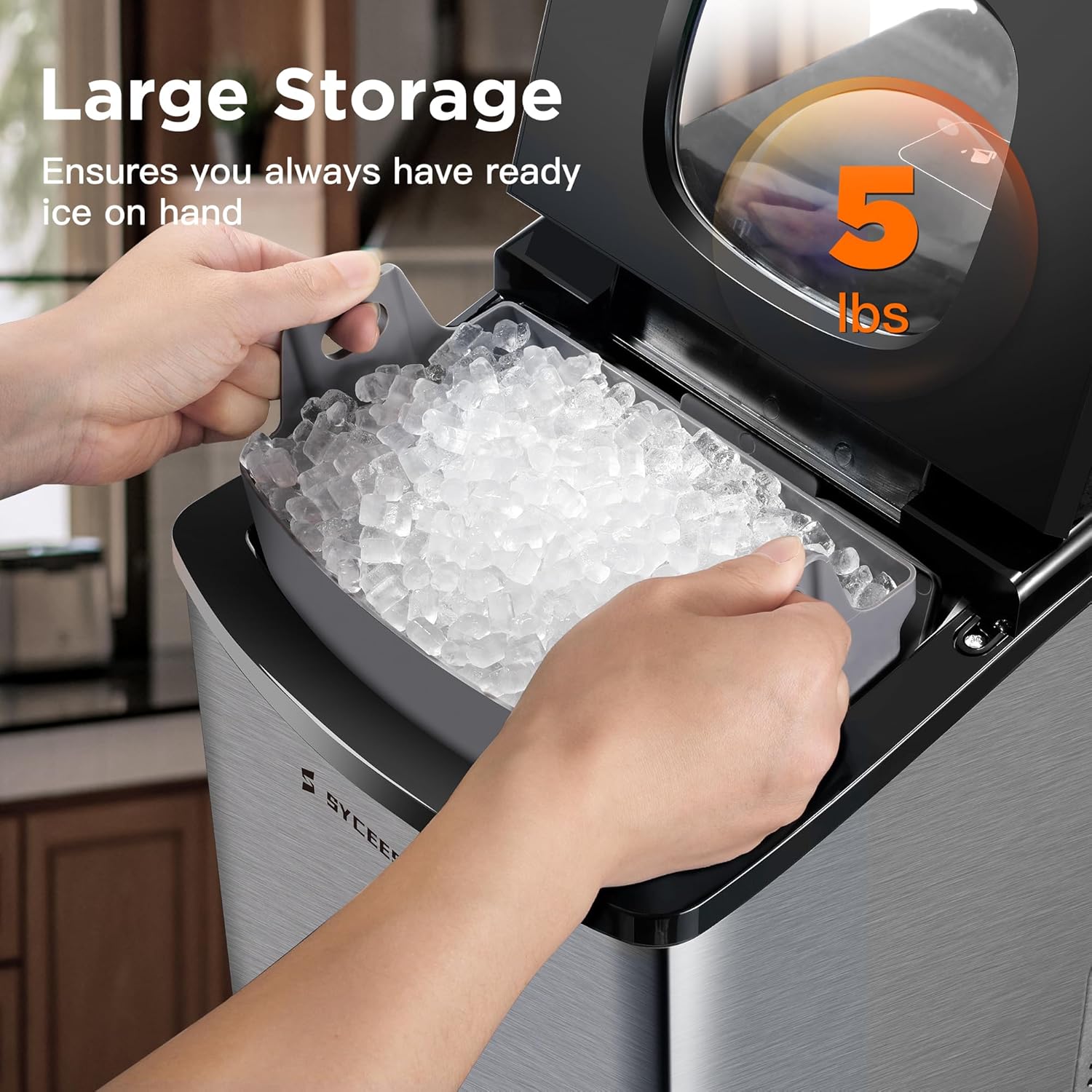 Nugget Ice Maker for Countertop, 33lbs/24h, Sonic Ice Ready in 10 Mins, 5lbs Ice Storage, Self-Cleaning Function, Touch Control, Stainless Steel Pellet Ice Machine for Home Kitchen, Bar, Office