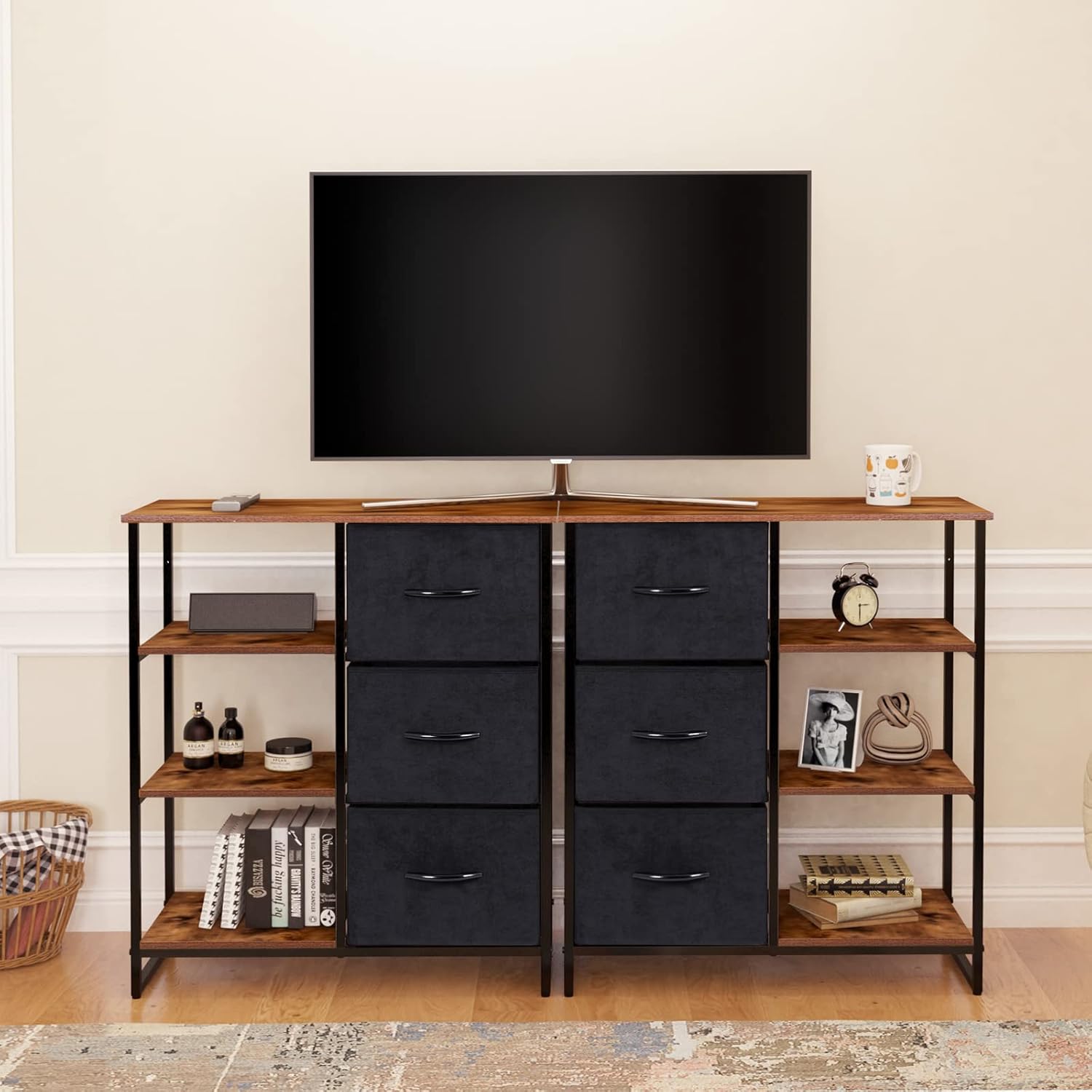 LYNCOHOME Dresser with 3 Drawers and Shelves, Storage Cabinet, Office Lateral File Cabinets, Shlef Storage Organizer for Bedroom, Livingroom, Office(Left Shelf)