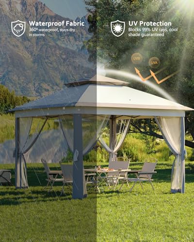 11x11 Pop Up Gazebo Tent with Mosquito Netting, Outdoor Canopy Shelter Easy Setup, Water & UV Resistant - Khaki