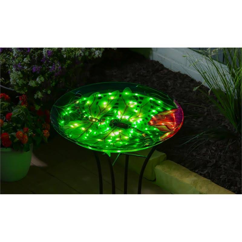 Dragonfly Duo Solar Hand Painted Embossed Glass Bird Bath with Stand