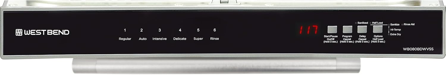 West Bend Dishwasher 18-Inch Built In with 3 Wash Options and 6 Automatic Cycles, Stainless Steel Construction with Electronic Control LED Display, Low Noise Rating, 53 dB, Metallic