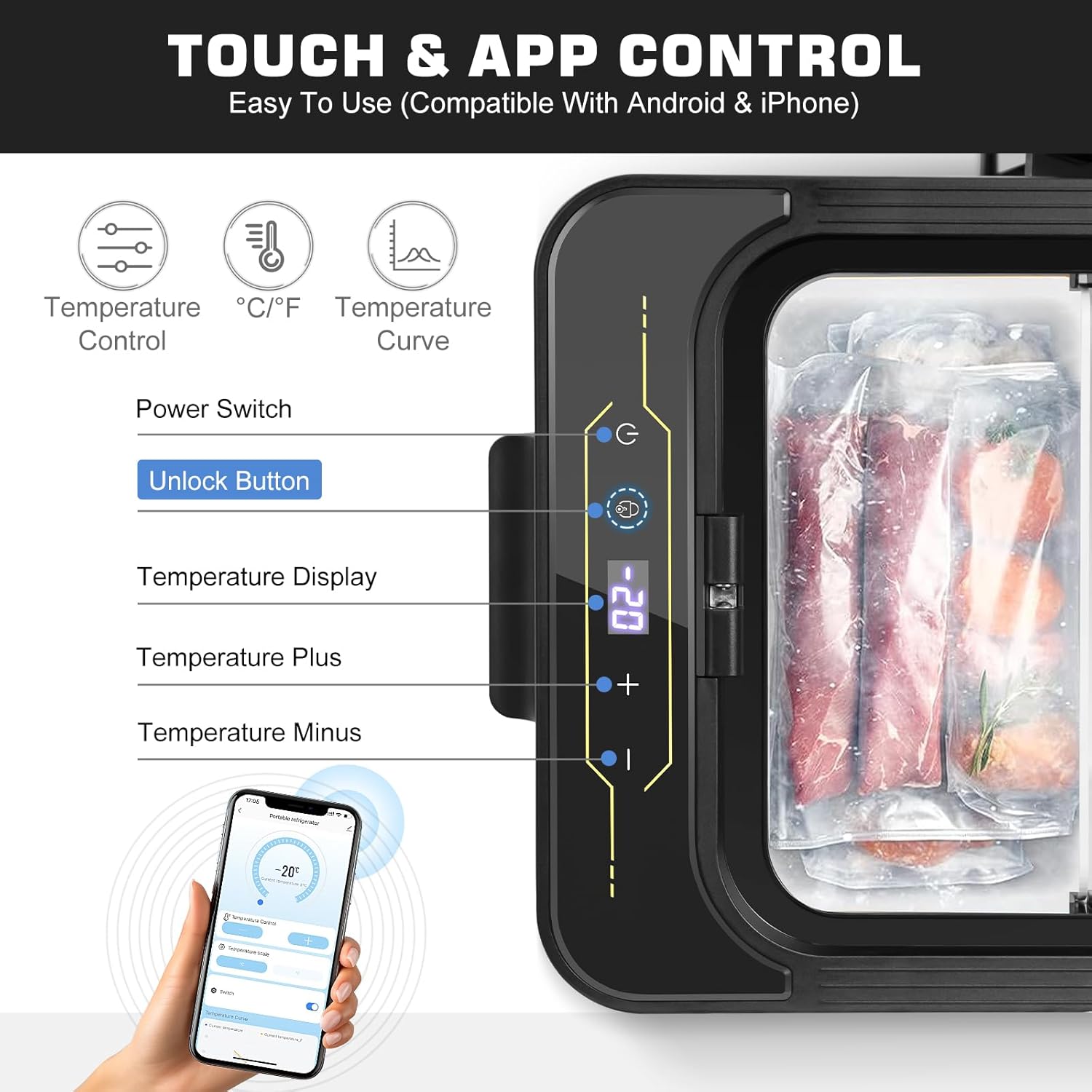 12v Refrigerator, 40 Quart(38L) Electric Cooler Car Refrigerator APP Control, Portable Freezer Fridge Cooler -4℉~68℉ 12/24V DC & 100-240V AC, Car Fridge for RV, Truck, Van, Camping, Travel, Outdoor