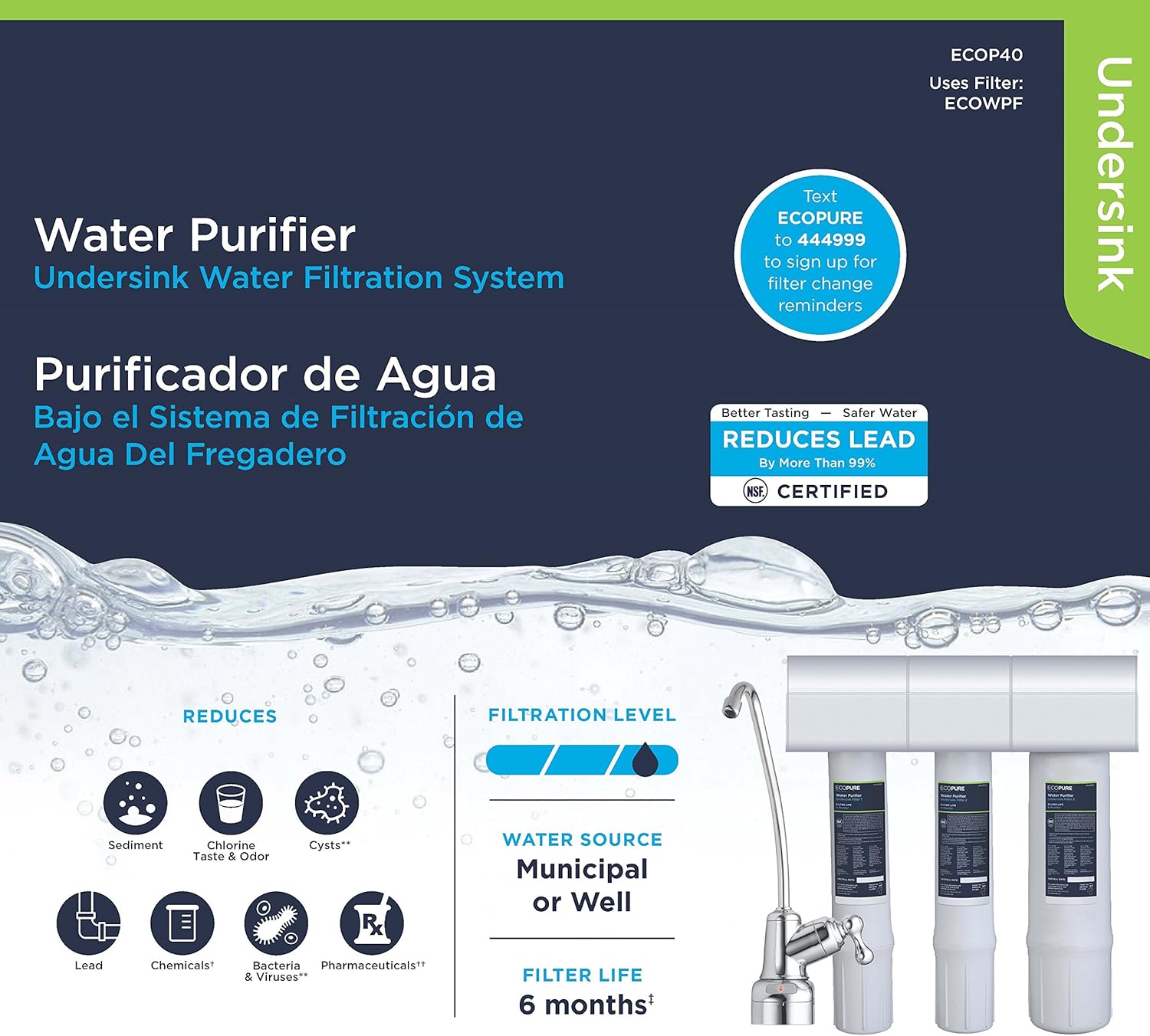 EcoPure Purifier Filtration System (ECOP40) | NSF Certified | Safe Drinking Water Right from Your Kitchen Sink, White