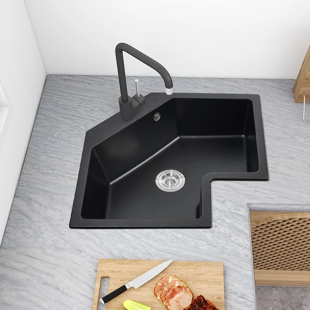 Homary 25" Black Drop In Corner Kitchen Sink Modern Single Bowl Quartz Irregular Sink