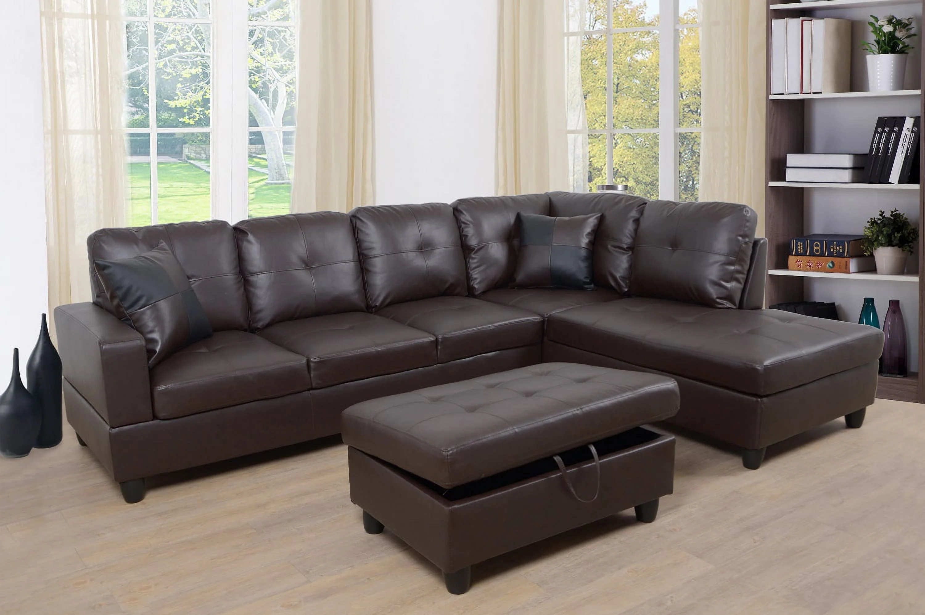 PonLiving Furniture Gentla 103.5'' Left or Right Facing Sleeper Sectional with Storage Ottoman, Living Room Sectional Couches Set, Brown Leather Sectional Sofa