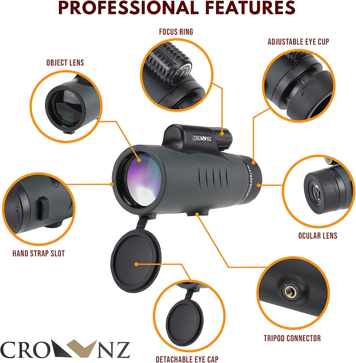 Crownz Monocular Telescope Day Low Night Vision High Power Monocular with Quick Smartphone Holder Tripod BAK4 Prism Dual Focus for Bird Watching Hunting Camping, Waterproof Fog Proof Shockproof Scope