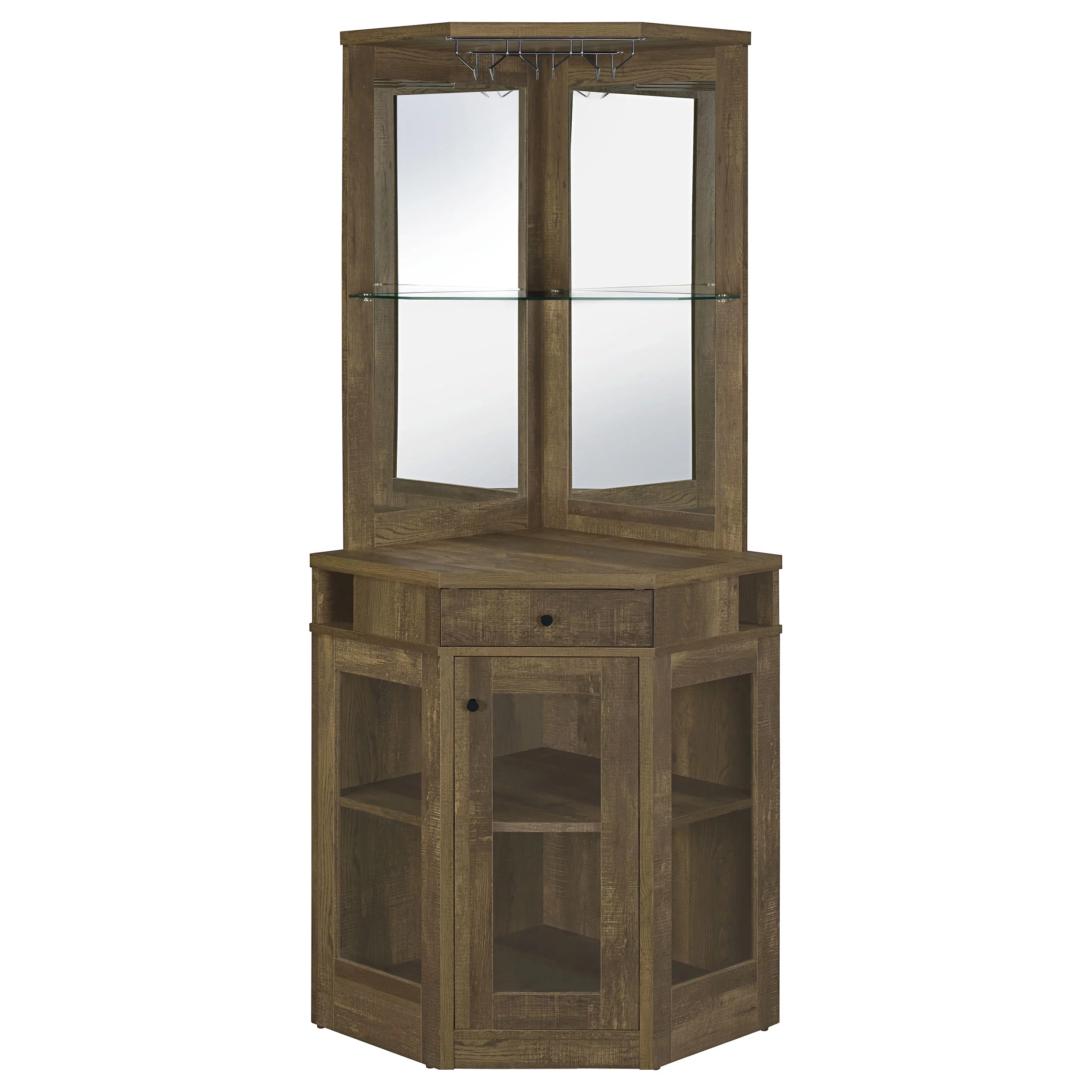 Alviso Corner Bar Cabinet With Stemware Rack Rustic Oak