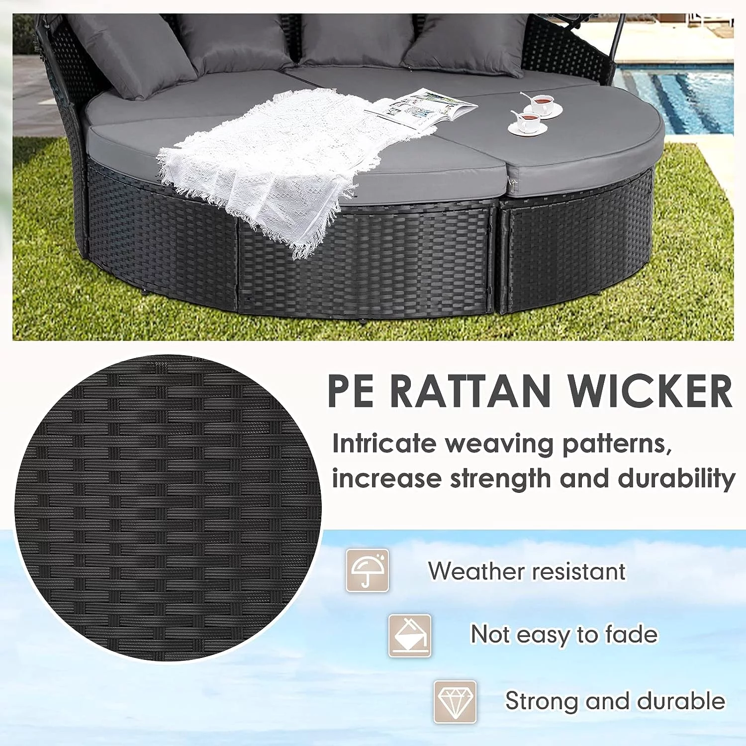 SUNCROWN 4 Piece Outdoor Round Canopy Daybed Black Wicker Patio Furniture Set with Cushions
