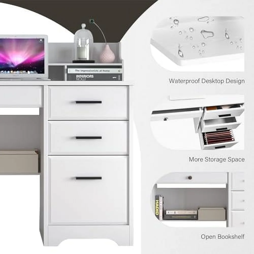 White Desk with Drawers  44" Wood Executive Computer Desk for  Office Student Writing Table with 4  Drawers and Hutch  Small Desk with File Drawer for Bedroom  Small Space  White
