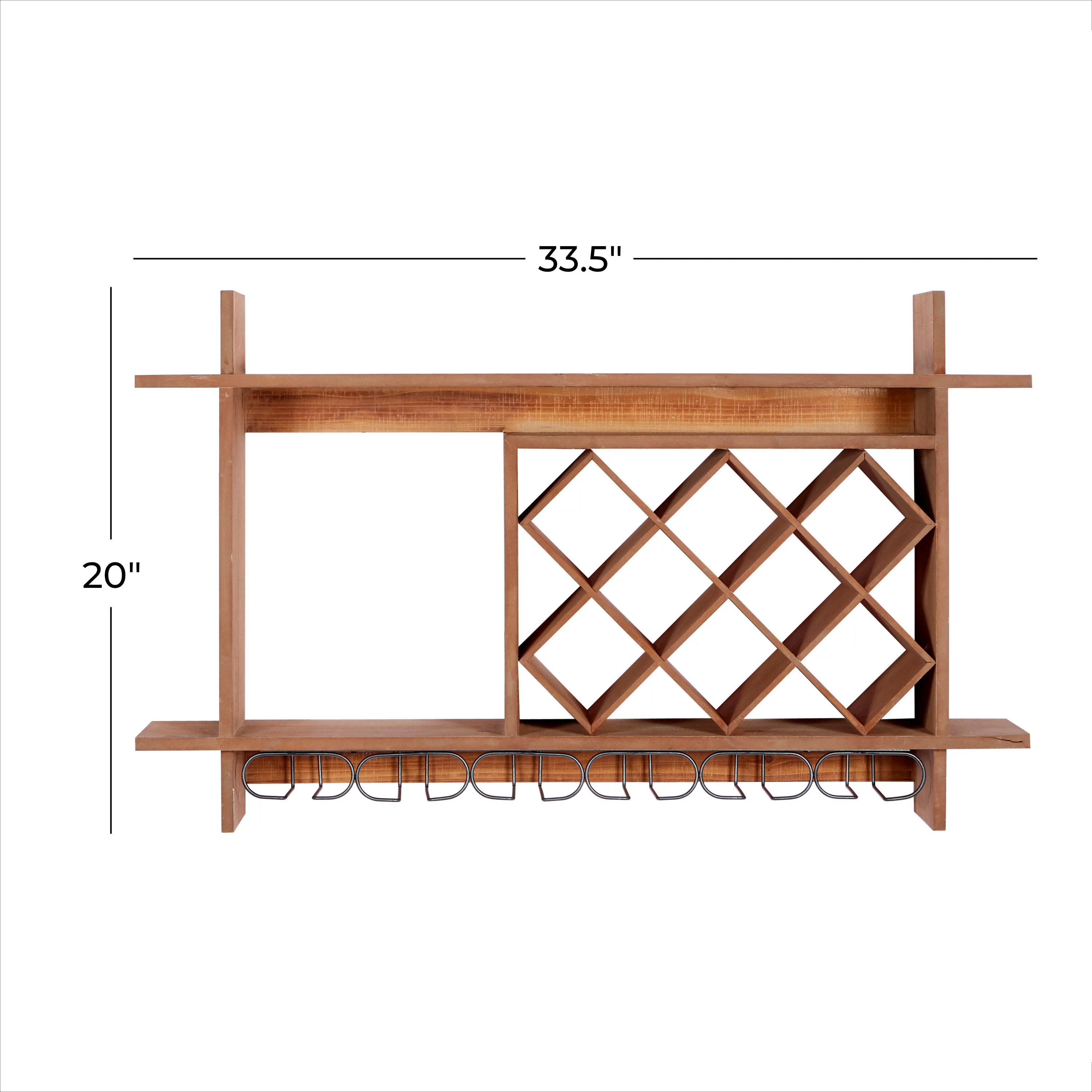 DecMode 34" x 20" Brown Wood Geometric 8 Bottles Wall Wine Rack with 6 Glass Holder Slots, 1-Piece