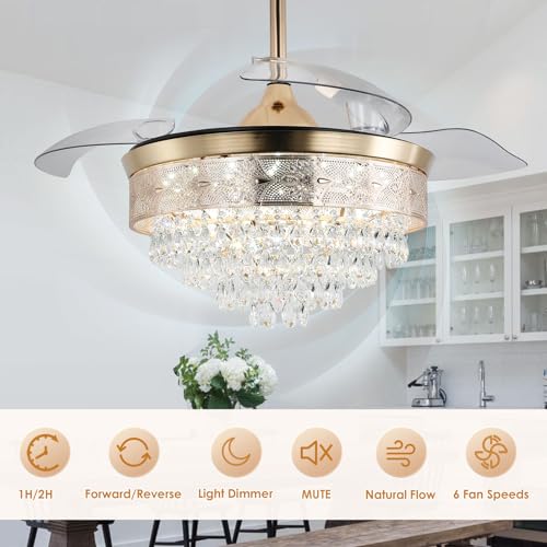 42'' Dimmable Fandalier Crystal Ceiling Fans LED Retractable Ceiling Fandeliers Chandelier with Light and Remote Ceiling Fan for Bedroom, APP & Memory Function, 6 Speeds