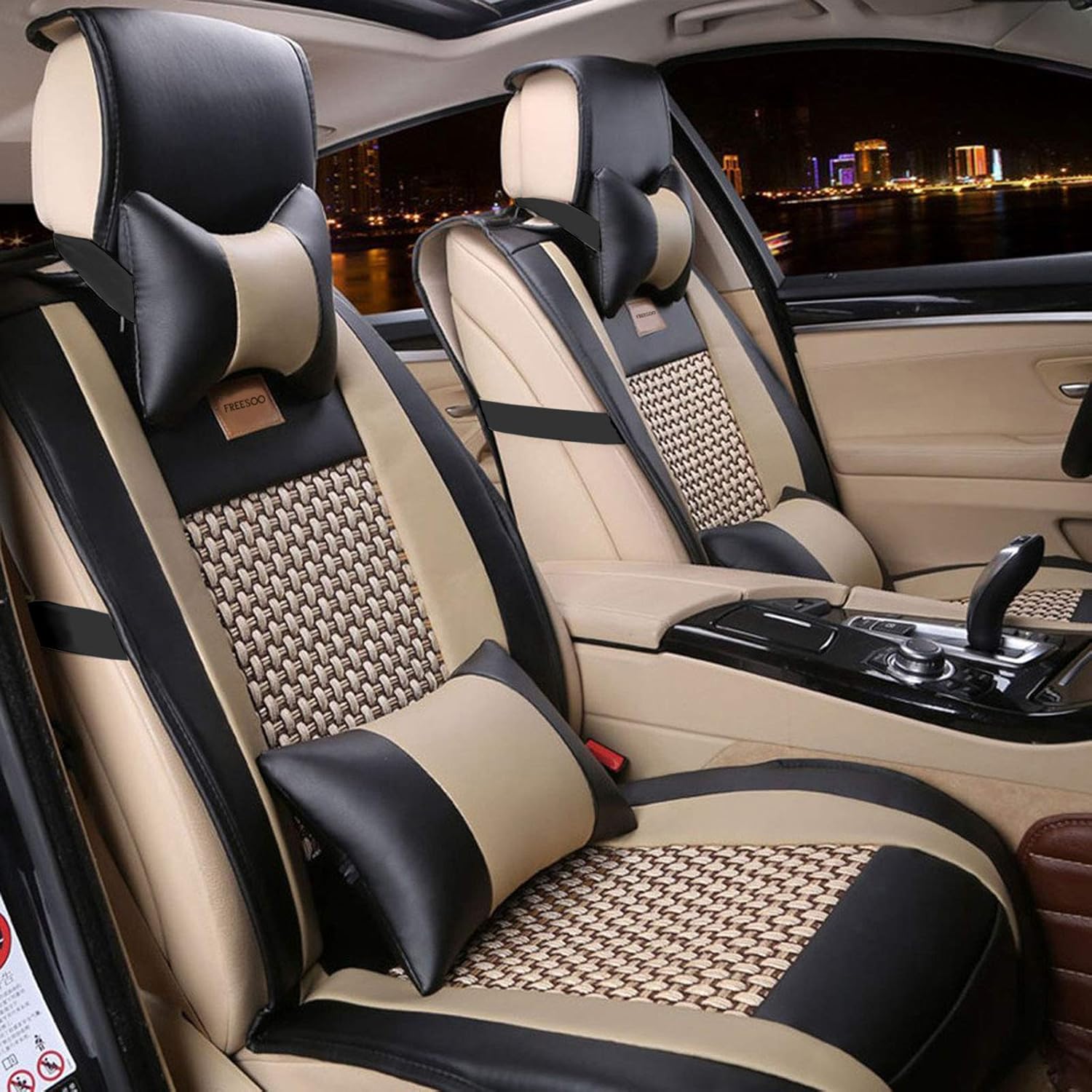 FREESOO Car Seat Cover Leather, Car Seat Covers Full Set Front Rear Automotive Waterproof Universal for 5 Seats Vehicle Year Round Use (Black White 2)