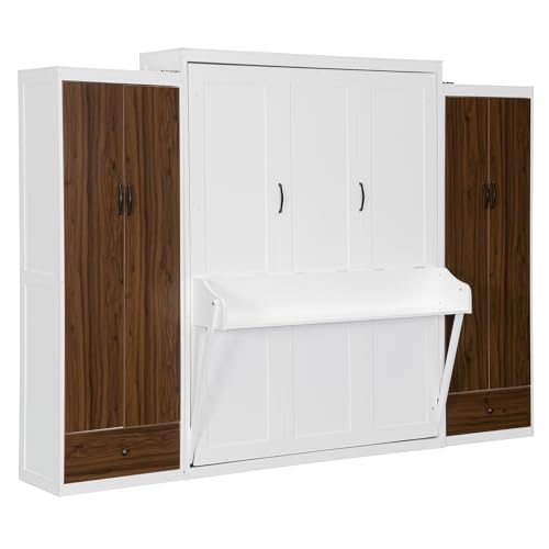 KLMM Wooden Murphy Bed Wall Bed with 2 Wardrobe and Storage Shelf,Foldable Platform Bedframe for Guest-Room Bedroom Study Office Use (White#E, Full)