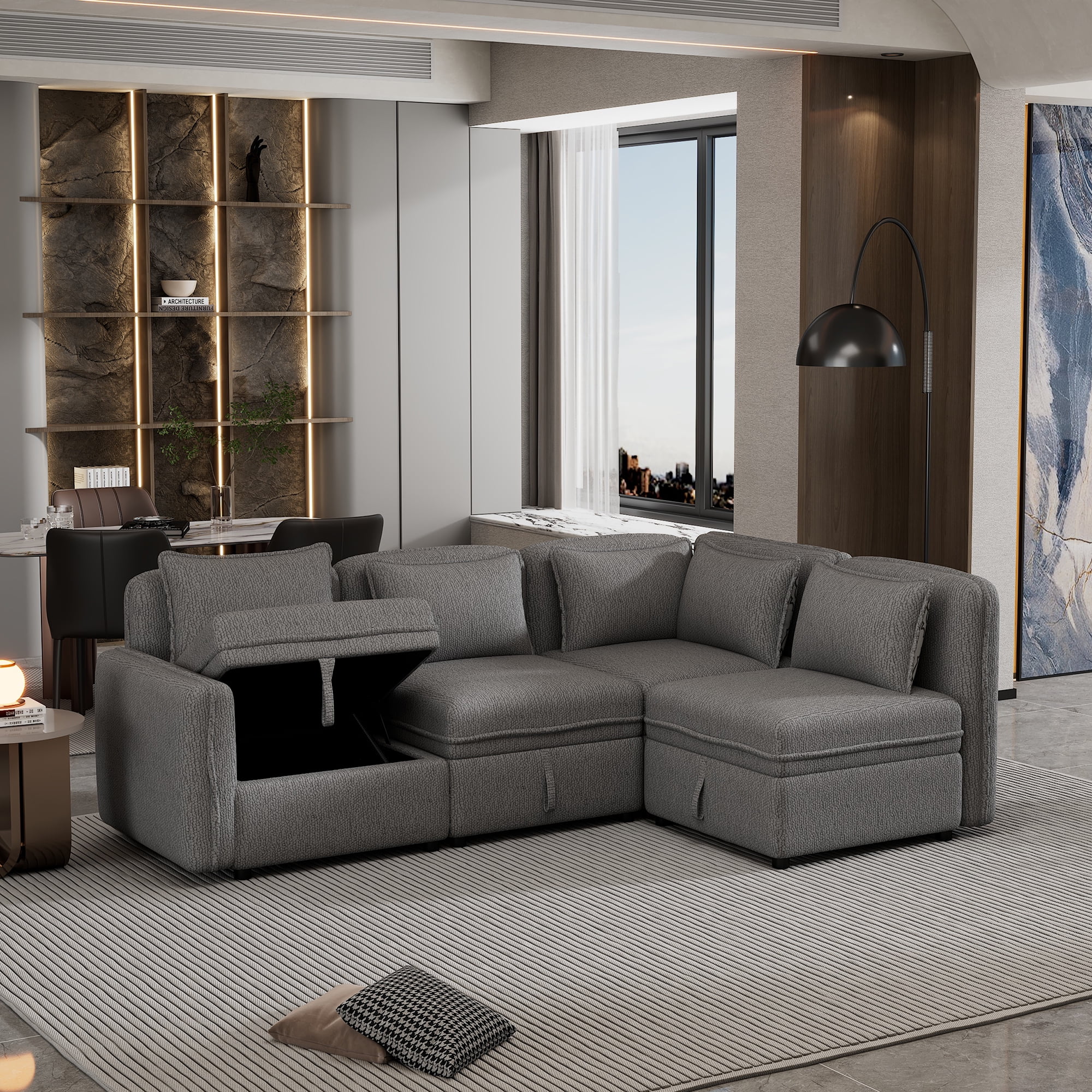 122.8" Convertible Modular Minimalist Sofa Free Combination 4 Seater Sofa Chenille Fabric Sectional sofa with 5 Pillows for Living Room, Office, Apartment, Small Space, Gray