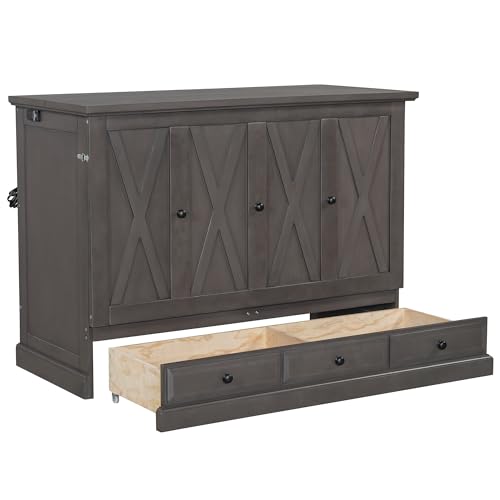 Harper & Bright Designs Queen Size Murphy Bed, Solid Pine Queen Murphy Frame Chest Cube Cabinet Bed with Charging Station and Large Storage Drawer for Home Office or Small Room, Gray