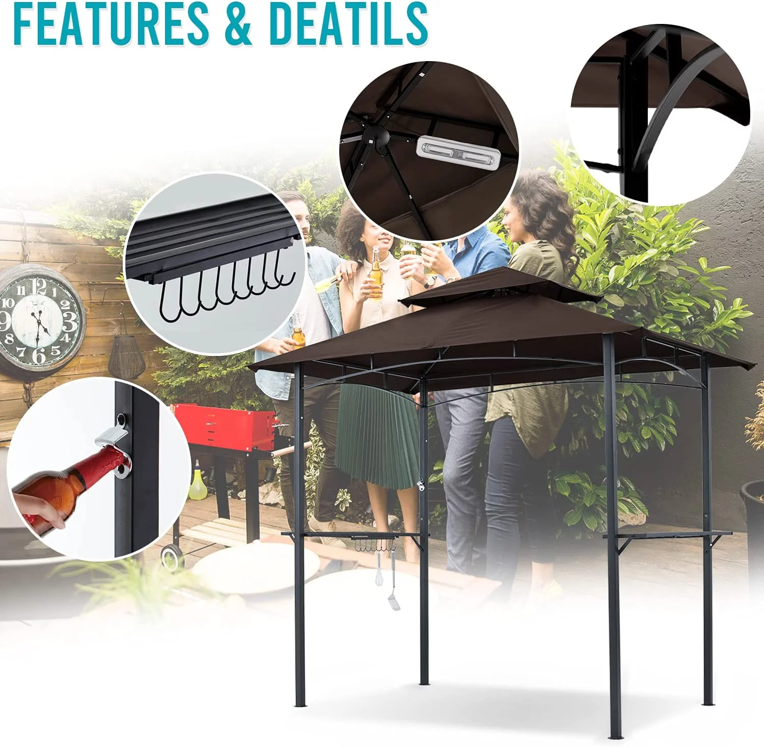ABCCANOPY 8'x 5' Grill Gazebo Shelter, Double Tier Outdoor BBQ Gazebo Canopy with LED Light(Brown)