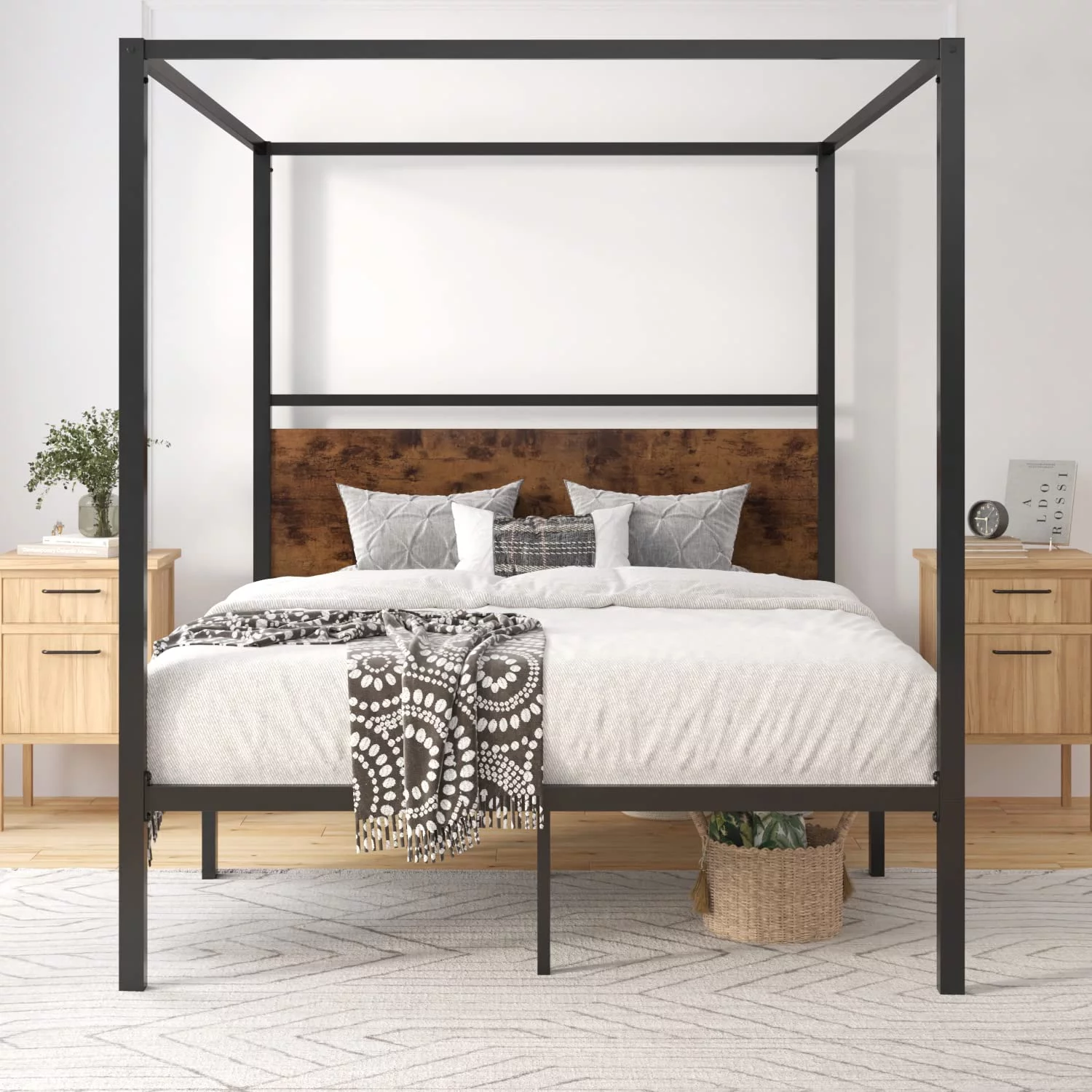 ikalido Queen Size Metal Canopy Bed Frame with Wooden Headboard  Classic Design Canopy Bed with 4 Sturdy Posters  Noise Free/ No Box Spring Needed/ Industrial Brown