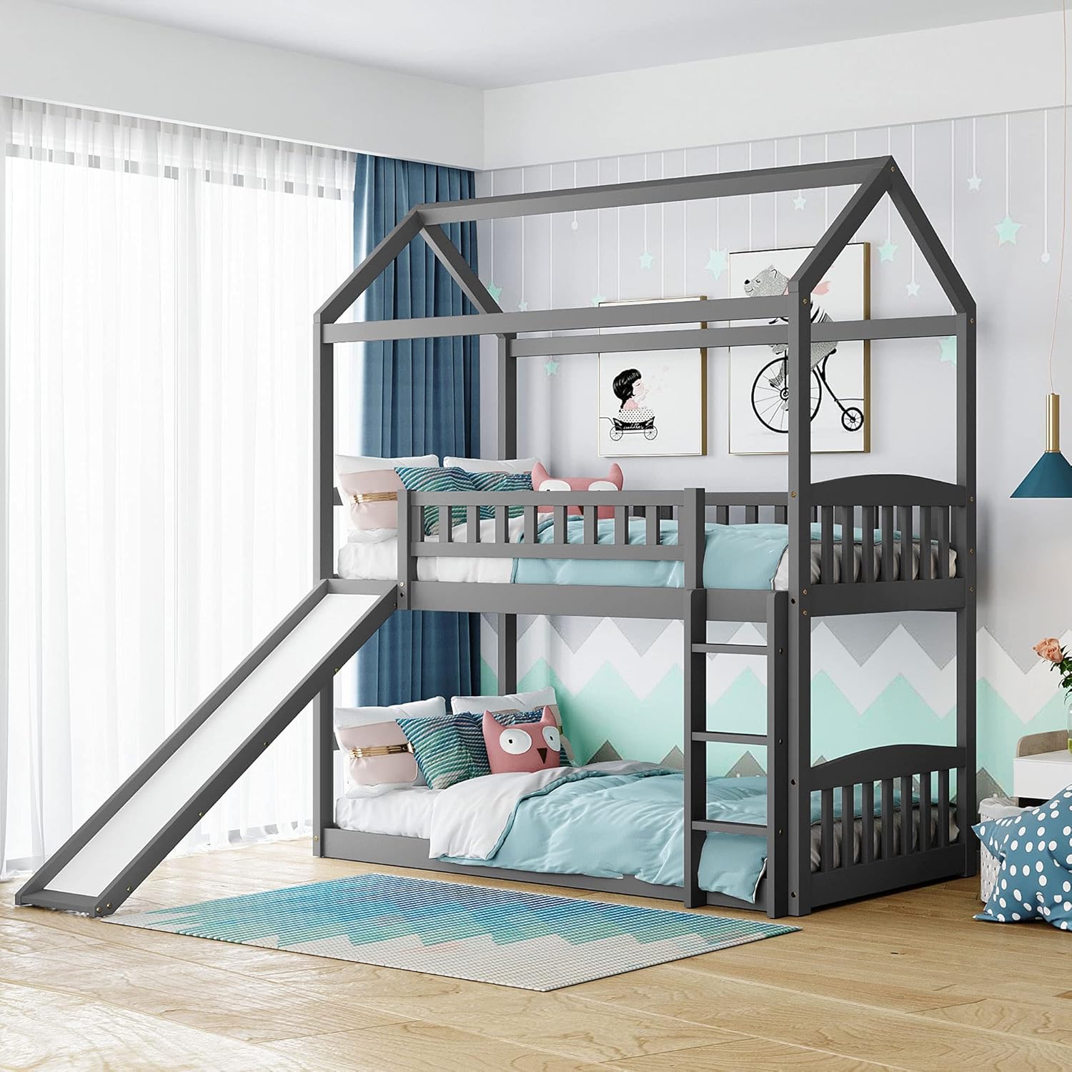 KLMM Twin Over Twin Metal Bunk Bed with Slide and Integrated Ladder, Housebed Bunk Bed for Kids Toddlers, Can be Decorated with Mosquito nets (Black with Black Slide)