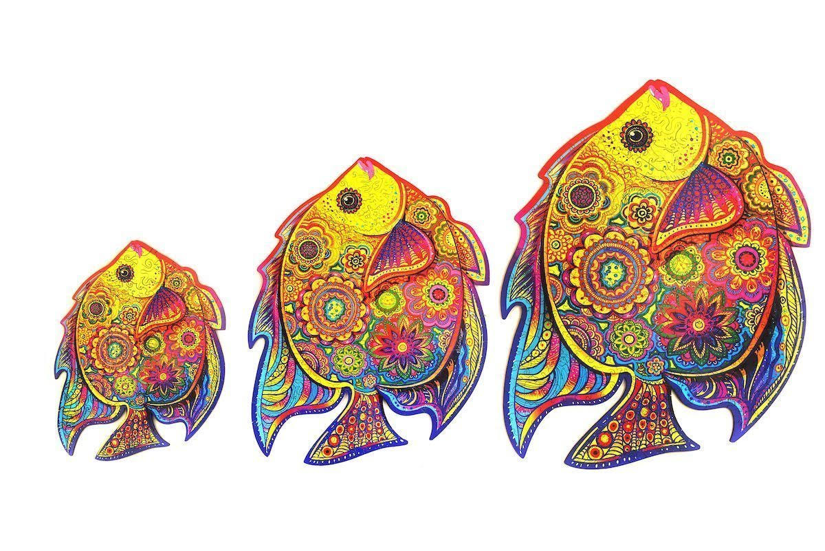 Unidragon Wooden Jigsaw Puzzle, Best Gift for Adults and Kids, Unique Shape Jigsaw Pieces Shining Fish, 12.6 x 9.6 in (32 x 24 c