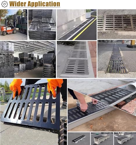 Drain Grate Rainwater Well Cover Cover Plate Grid For Driveway, Outdoor Rectangle Cast Iron Drain Cover Industrial Drain Strainers Grate, 6/8/10/12/14/16/18 Inch Width Stormwater Drain Grates
