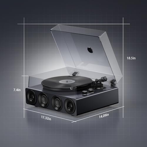 1 by ONE High Fidelity Record Player, All-in-One Turntable with Built in Speakers Phono Preamp, Magnetic AT-3600L Cartridge, RCA Output, Belt Drive 2-Speed, Piano Lacquer Grey