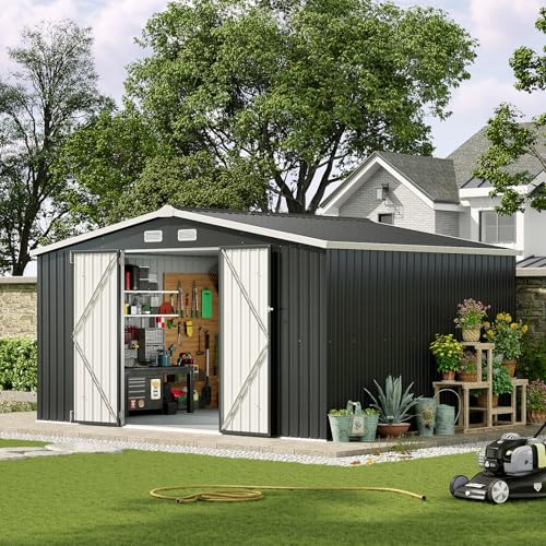 Aoxun 10 x 12FT Outdoor Storage Shed with Double Hinged Large Door Utility Garden Shed with Lockable Door & Sloped Roof Metal Sheds Outdoor Storage for Garden, Backyard, Patio and Backyard, Brown