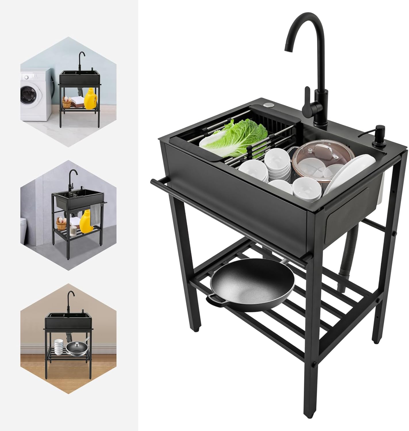 Stainless Steel Utility Sink,Free Standing Single Bowl Kitchen Sink with Cold and Hot Faucet Water Pipe kit,Stainless Steel Sink for Laundry Room,Garage,Basement,Outdoor Indoor Sink
