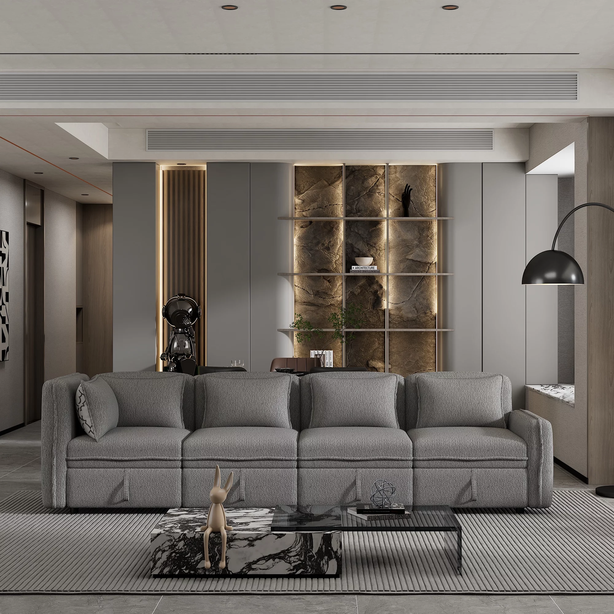 122.8" Convertible Modular Minimalist Sofa Free Combination 4 Seater Sofa Chenille Fabric Sectional sofa with 5 Pillows for Living Room, Office, Apartment, Small Space, Gray