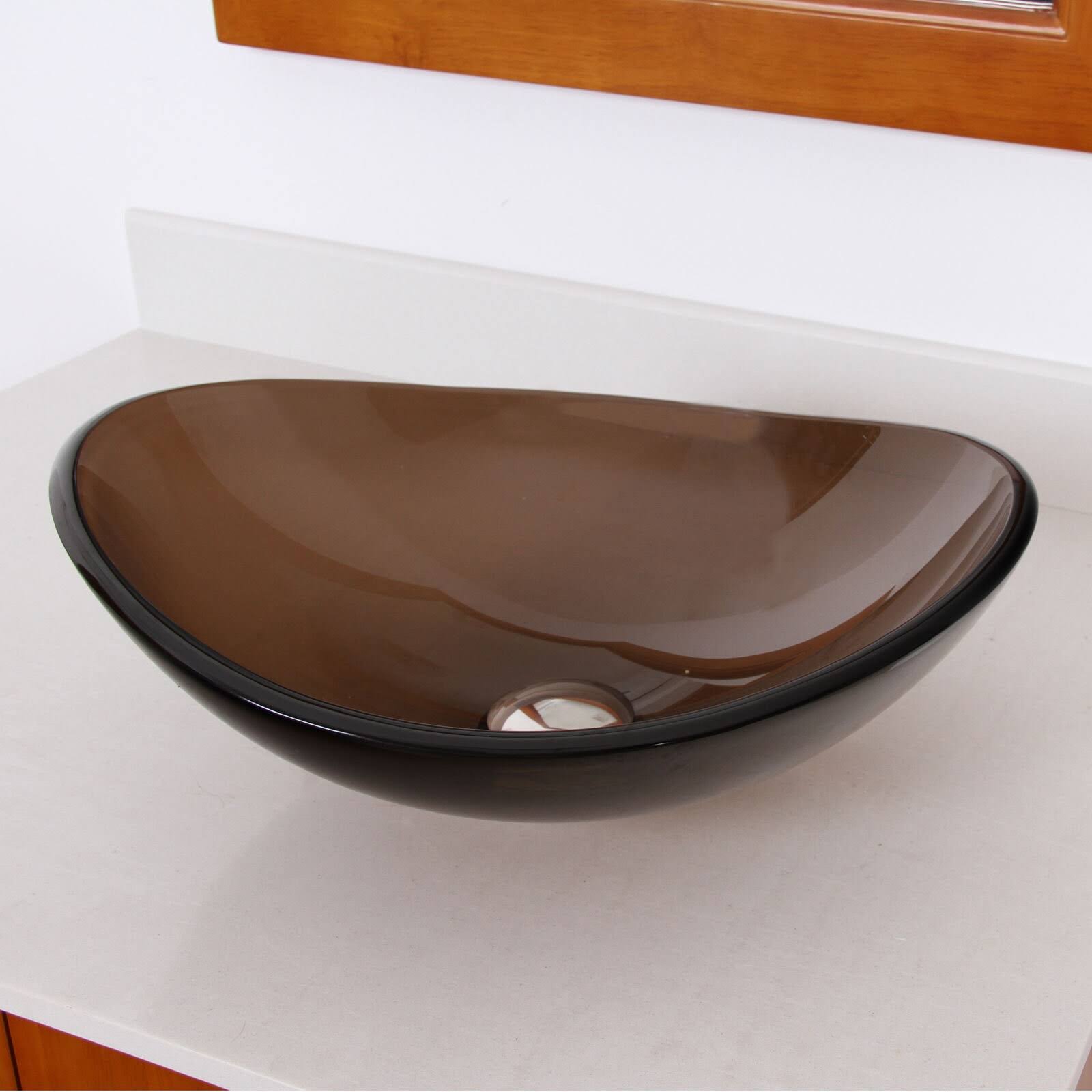 Elite 1417+2659 Unique Oval Transparent Brown Tempered Glass Bathroom Vessel Sink with Faucet Combo - Chrome Finish Faucet+Sink