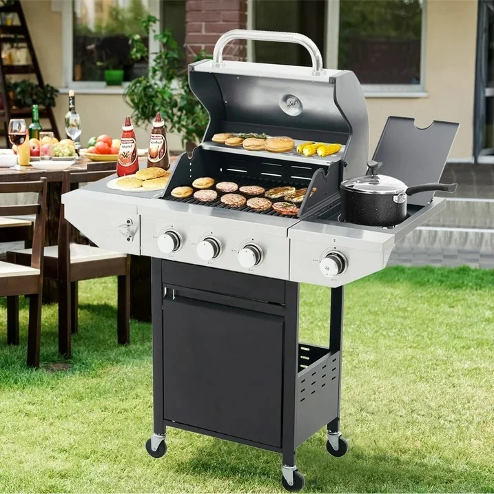 Highsound 3 Burner BBQ Propane Gas Grill with Side Burner, Stainless Steel 37,150 BTU Patio Garden Barbecue Grill with Thermometer, Black