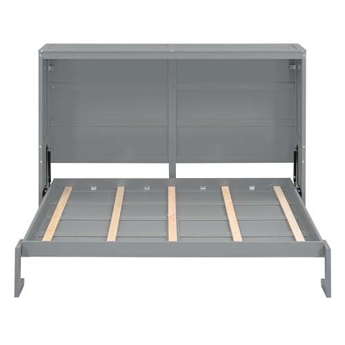 Harper & Bright Designs Queen Size Murphy Bed Wall Bed with Storage Shelves, Wardrobe and LED Lights, Space-Saving for Multipurpose Guest Room or Home Office, Gray
