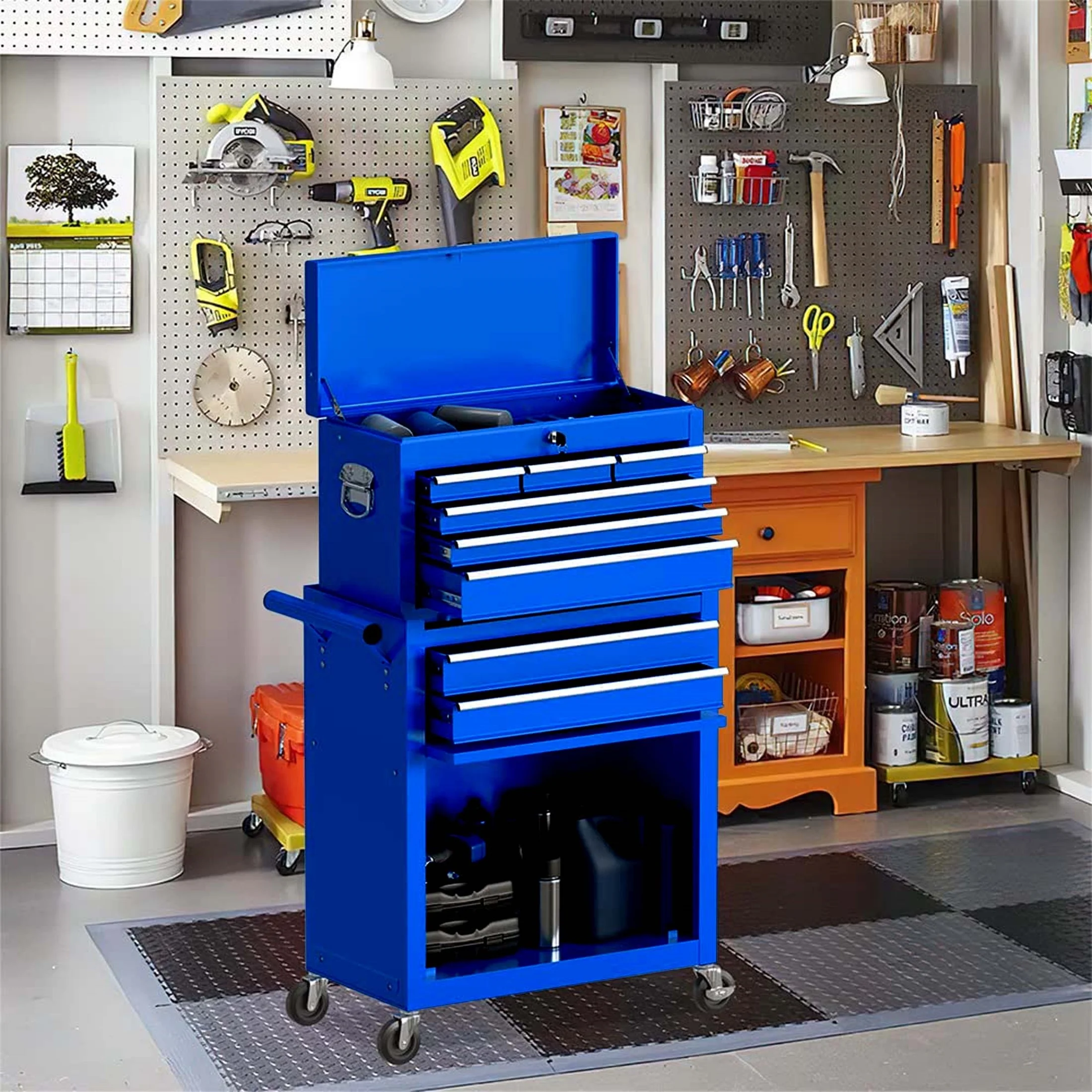Aukfa Tool Chest, 2 in 1 Steel Rolling Tool Box & Cabinet On Wheels for Garage, 8-Drawer, Blue
