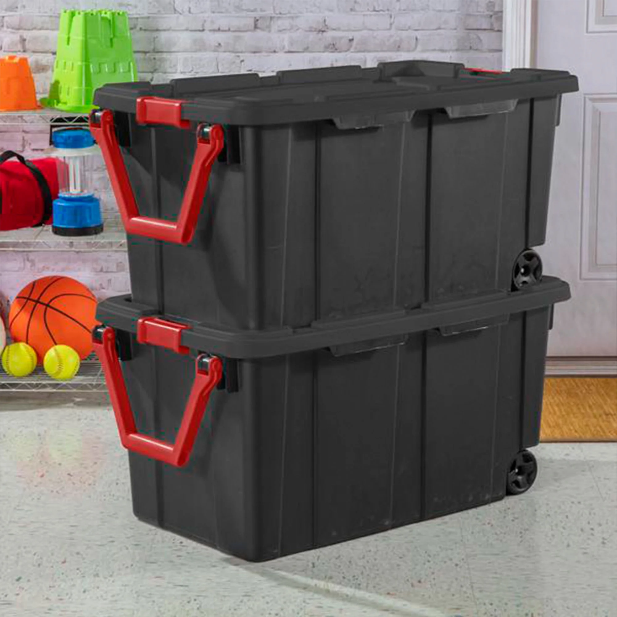 Sterilite Durable 40 Gallon Wheeled Industrial Storage Tote, Black (8 Pack)
