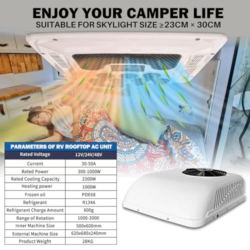 Camper 12V Rooftop AC Unit RV Air Conditioner Heater Combo, 12 Volt A/C Unit Low-Noise, Heating & Cooling for Car, Truck, Trailer, Boat